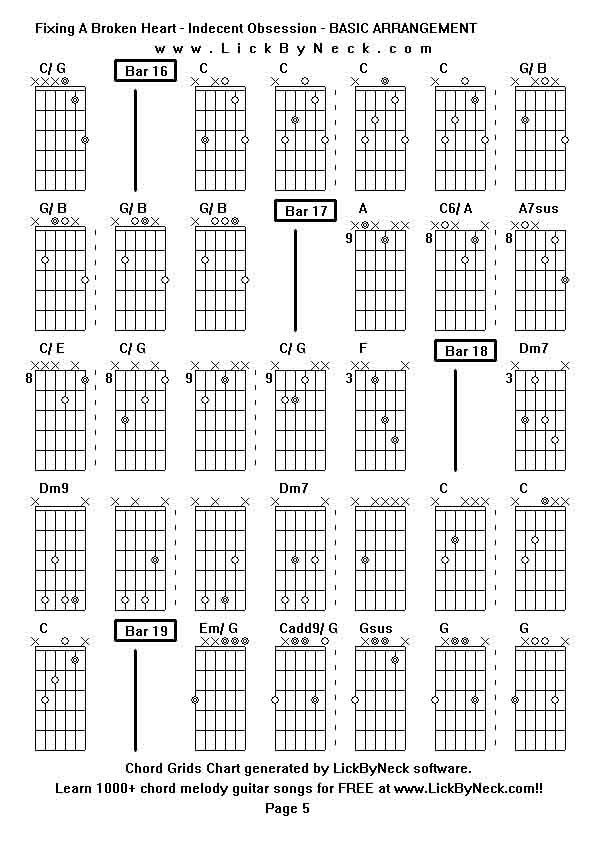 Chord Grids Chart of chord melody fingerstyle guitar song-Fixing A Broken Heart - Indecent Obsession - BASIC ARRANGEMENT,generated by LickByNeck software.